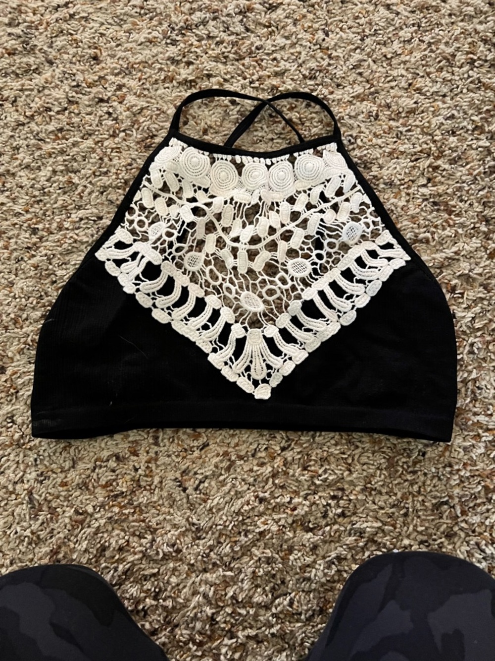 Three Bird Nest Black Halter Tank with White Crochet Bib